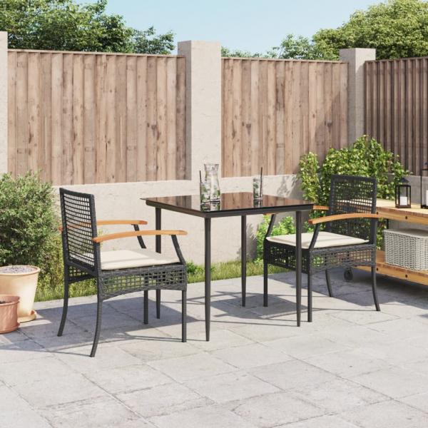 ARDEBO.de - 3-tlg. Garten-Essgruppe mit Kissen Schwarz Poly Rattan
