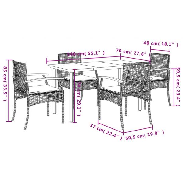 5-tlg. Garten-Essgruppe mit Kissen Grau Poly Rattan