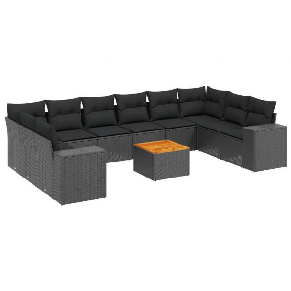 11-tlg. Garten-Sofagarnitur mit Kissen Schwarz Poly Rattan