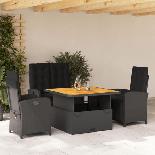 ARDEBO.de - 4-tlg. Garten-Essgruppe mit Kissen Schwarz Poly Rattan