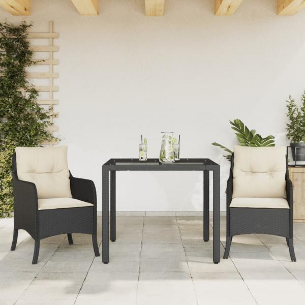 ARDEBO.de - 3-tlg. Garten-Essgruppe mit Kissen Schwarz Poly Rattan
