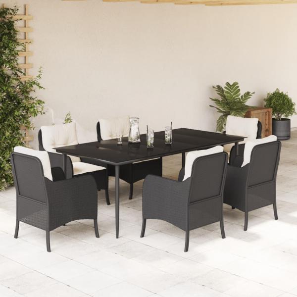 ARDEBO.de - 7-tlg. Garten-Essgruppe mit Kissen Schwarz Poly Rattan
