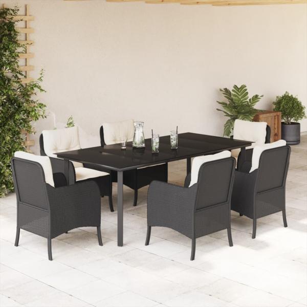ARDEBO.de - 7-tlg. Garten-Essgruppe mit Kissen Schwarz Poly Rattan