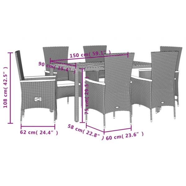 7-tlg. Garten-Essgruppe mit Kissen Schwarz Poly Rattan