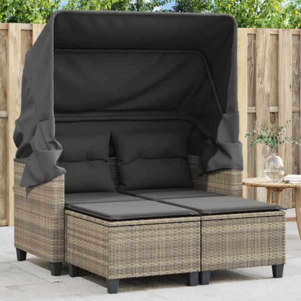 ARDEBO.de - Gartensofa 2-Sitzer mit Dach und Hockern Hellgrau Poly Rattan