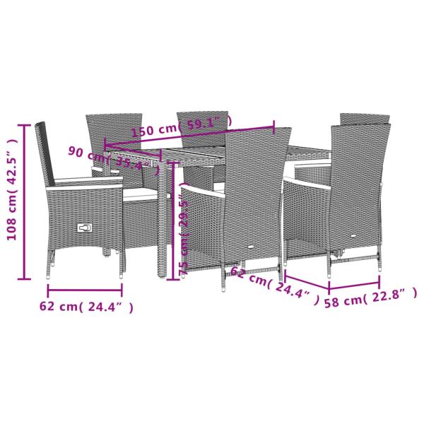 7-tlg. Garten-Essgruppe mit Kissen Schwarz Poly Rattan
