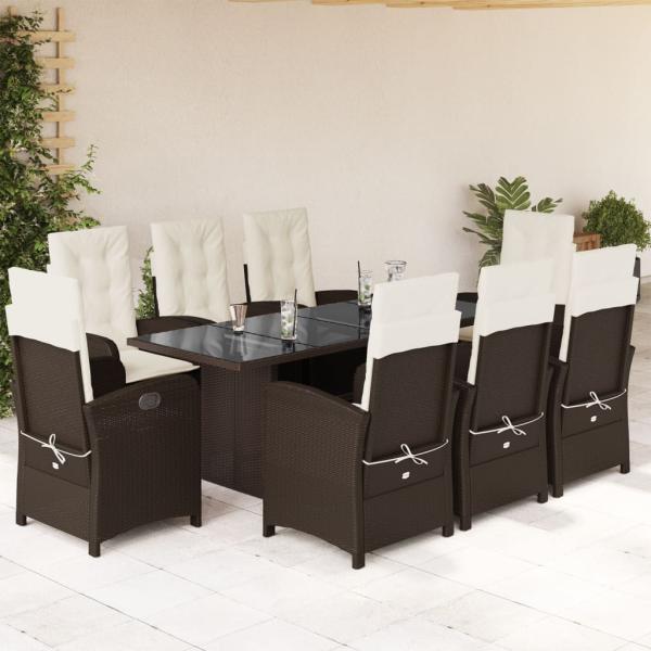 ARDEBO.de - 9-tlg. Garten-Essgruppe mit Kissen Braun Poly Rattan