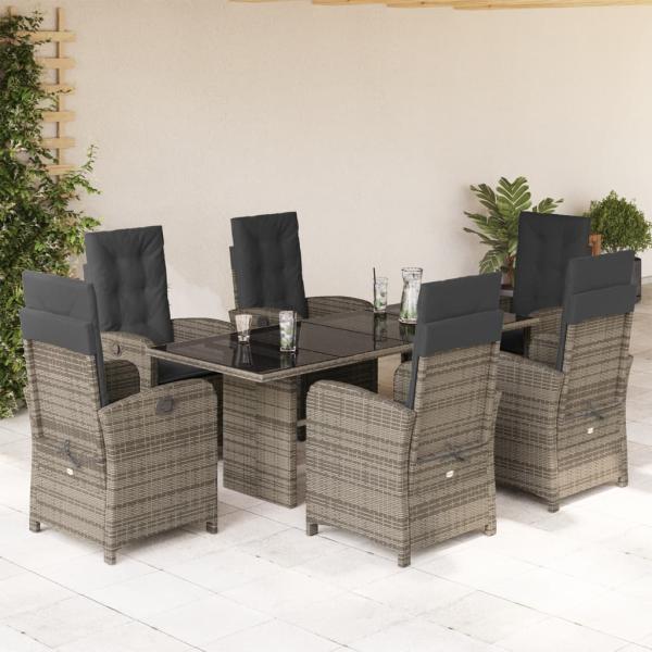 ARDEBO.de - 7-tlg. Garten-Essgruppe mit Kissen Grau Poly Rattan