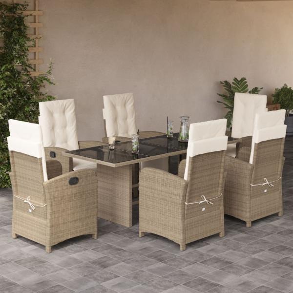 ARDEBO.de - 7-tlg. Garten-Essgruppe mit Kissen Beige Poly Rattan