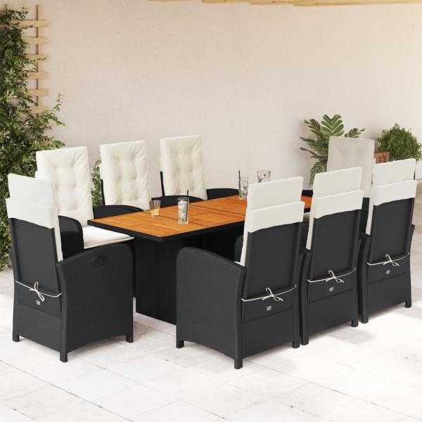 ARDEBO.de - 9-tlg. Garten-Essgruppe mit Kissen Schwarz Poly Rattan