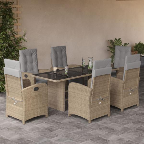 ARDEBO.de - 7-tlg. Garten-Essgruppe mit Kissen Beige Poly Rattan