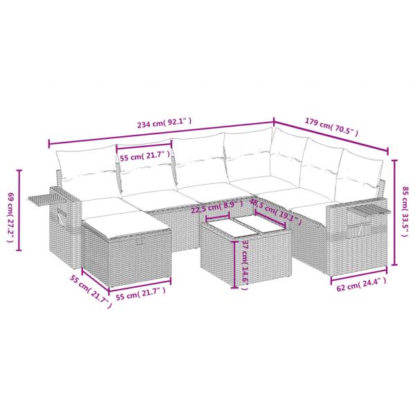 8-tlg. Garten-Sofagarnitur mit Kissen Grau Poly Rattan