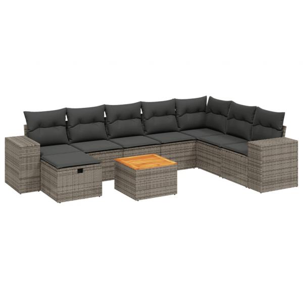 9-tlg. Garten-Sofagarnitur mit Kissen Grau Poly Rattan