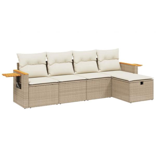 5-tlg. Garten-Sofagarnitur mit Kissen Beige Poly Rattan