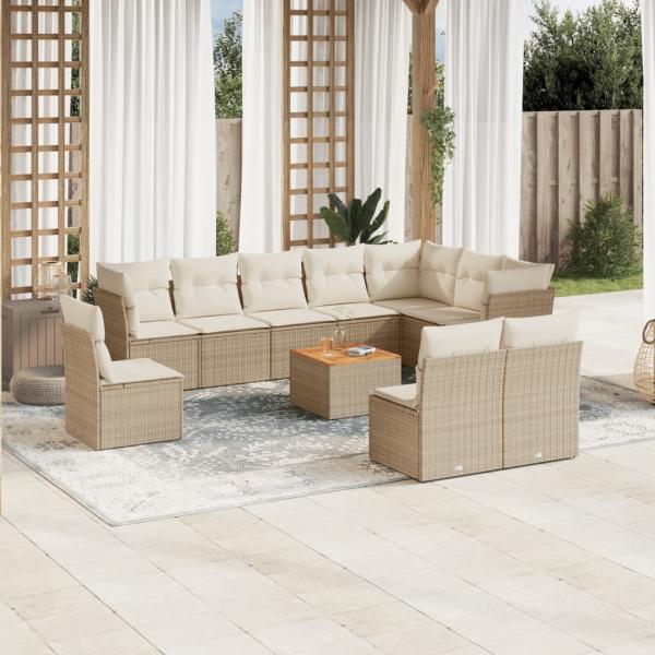 ARDEBO.de - 11-tlg. Garten-Sofagarnitur mit Kissen Beige Poly Rattan