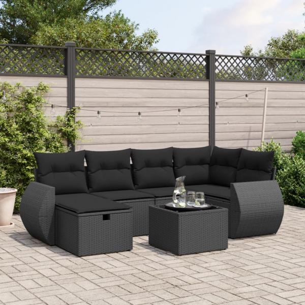 ARDEBO.de - 7-tlg. Garten-Sofagarnitur mit Kissen Schwarz Poly Rattan