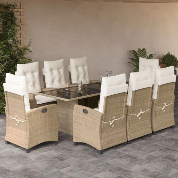 ARDEBO.de - 9-tlg. Garten-Essgruppe mit Kissen Beige Poly Rattan