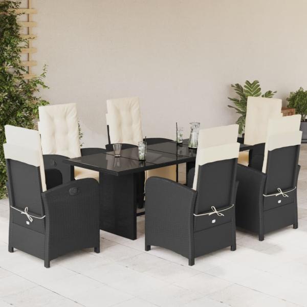 ARDEBO.de - 7-tlg. Garten-Essgruppe mit Kissen Schwarz Poly Rattan