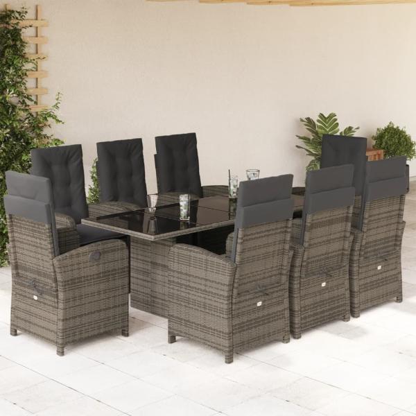 ARDEBO.de - 9-tlg. Garten-Essgruppe mit Kissen Grau Poly Rattan