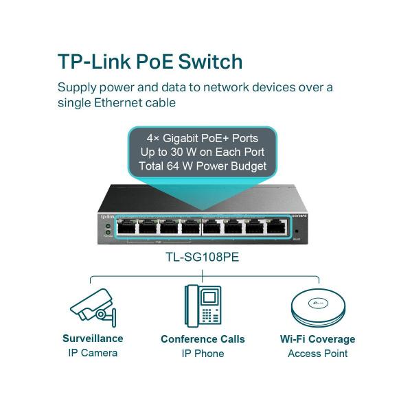 TP-Link TL-SG108PE 8-Port Gigabit Easy Smart Switch, PoE+, 8xRJ45-Ports 10/100/1000 Mbit/s, schwarz