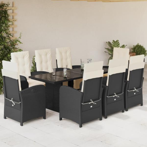 ARDEBO.de - 9-tlg. Garten-Essgruppe mit Kissen Schwarz Poly Rattan
