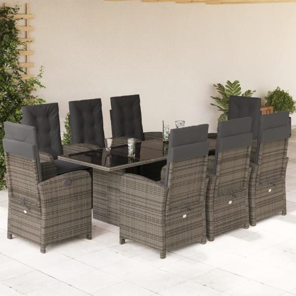 ARDEBO.de - 9-tlg. Garten-Essgruppe mit Kissen Grau Poly Rattan