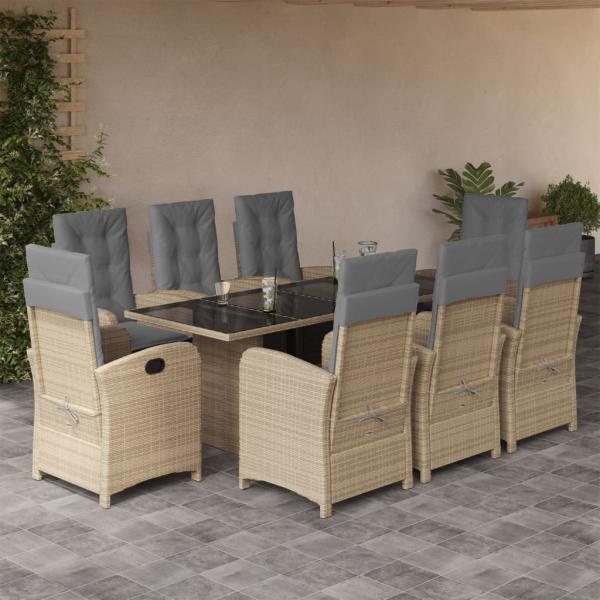 ARDEBO.de - 9-tlg. Garten-Essgruppe mit Kissen Beigemischung Poly Rattan