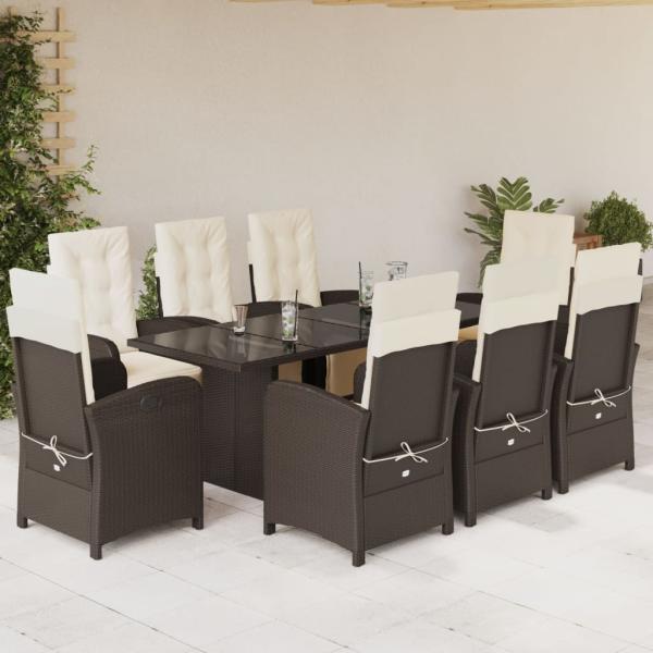 ARDEBO.de - 9-tlg. Garten-Essgruppe mit Kissen Braun Poly Rattan