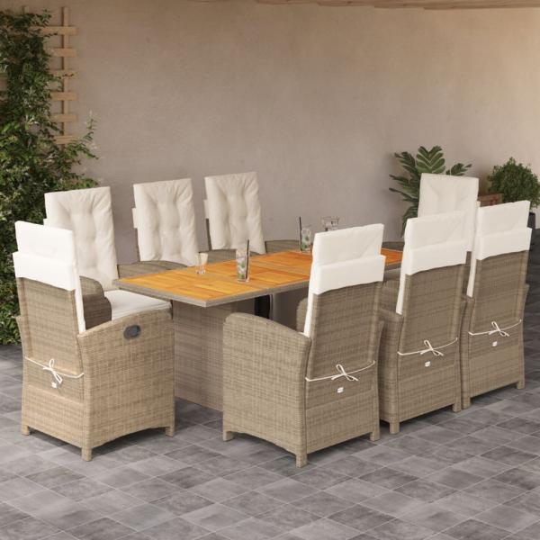 ARDEBO.de - 9-tlg. Garten-Essgruppe mit Kissen Beige Poly Rattan