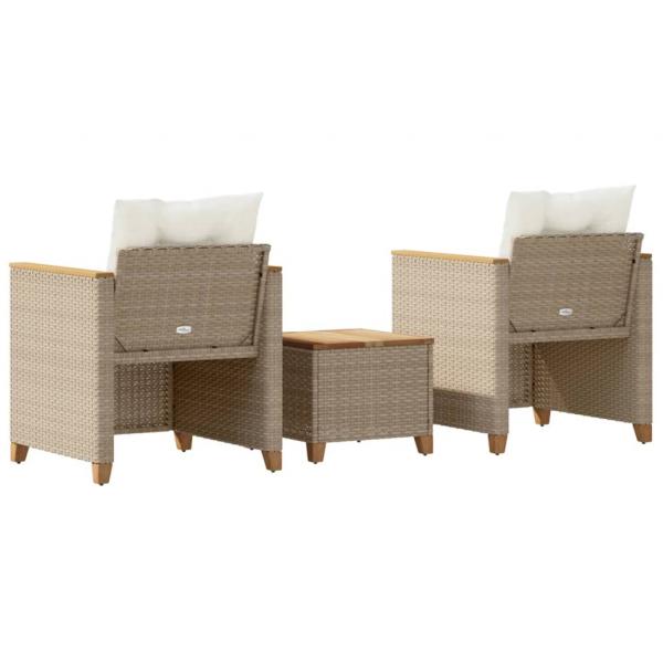3-tlg. Bistro-Set mit Kissen Beige Poly Rattan Akazienholz