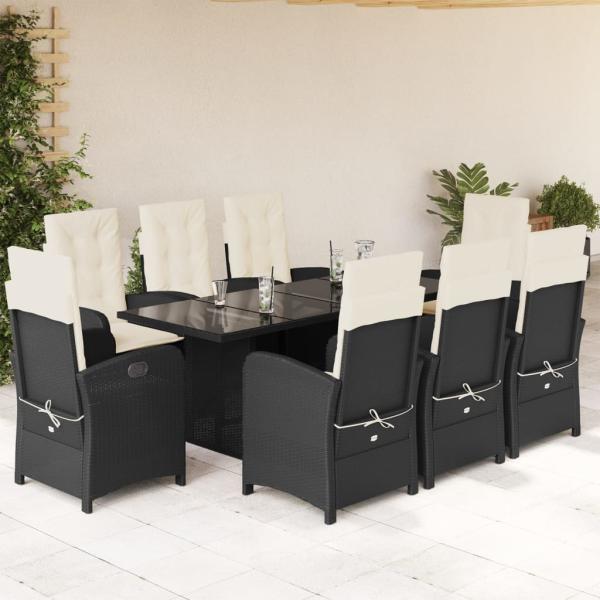 ARDEBO.de - 9-tlg. Garten-Essgruppe mit Kissen Schwarz Poly Rattan