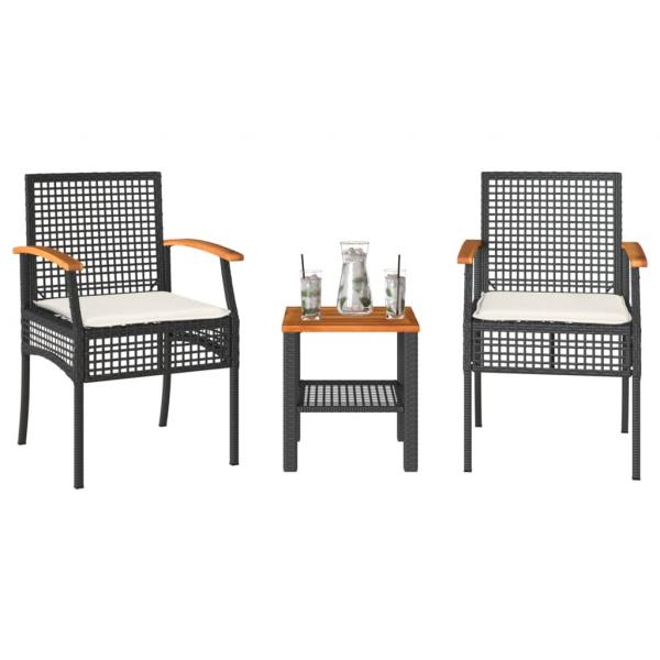 ARDEBO.de - 3-tlg. Bistro-Set mit Kissen Schwarz Poly Rattan Akazienholz