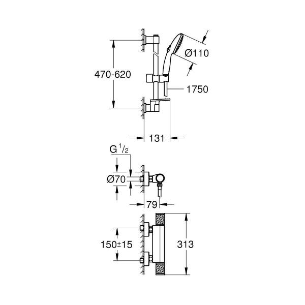 GROHE Precision Feel Thermostat Brausebatterie , Quickfix, 1/2", 3 Strahlarten, chrom (34791001)