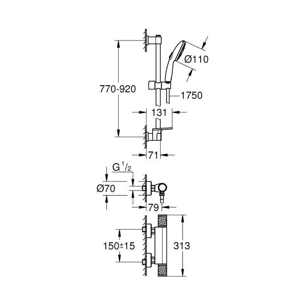 GROHE Precision Feel Thermostat Brausebatterie, Quickfix, 1/2", 3 Strahlarten, chrom (34853001)