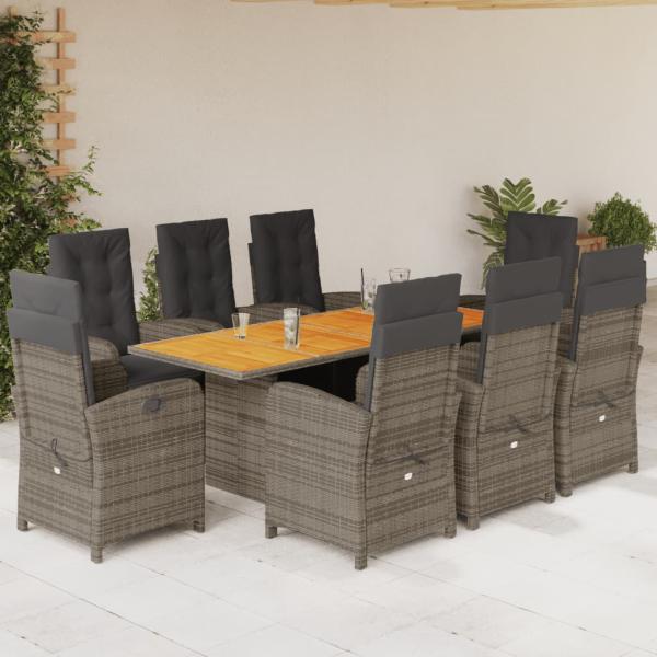 ARDEBO.de - 9-tlg. Garten-Essgruppe mit Kissen Grau Poly Rattan