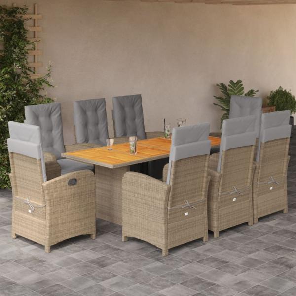 ARDEBO.de - 9-tlg. Garten-Essgruppe mit Kissen Beige Poly Rattan