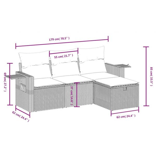 4-tlg. Garten-Sofagarnitur mit Kissen Grau Poly Rattan