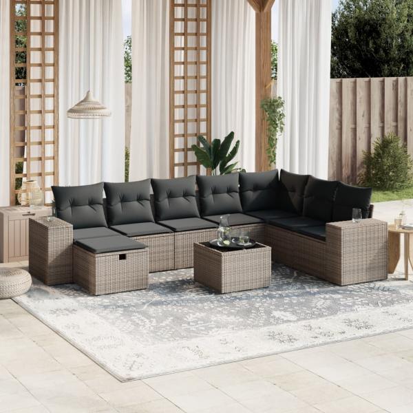 ARDEBO.de - 9-tlg. Garten-Sofagarnitur mit Kissen Grau Poly Rattan