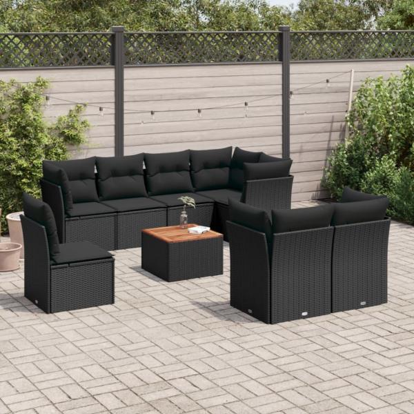 ARDEBO.de - 9-tlg. Garten-Sofagarnitur mit Kissen Schwarz Poly Rattan