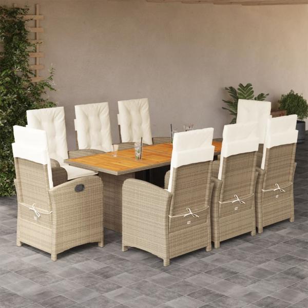 ARDEBO.de - 9-tlg. Garten-Essgruppe mit Kissen Beigemischung Poly Rattan