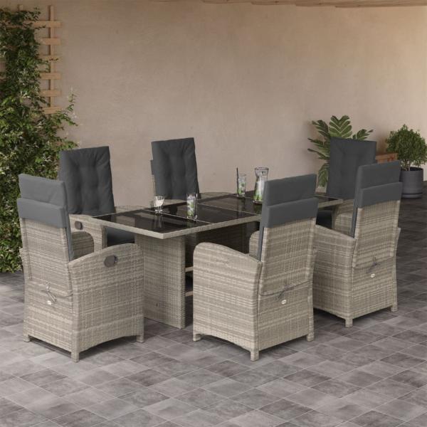 ARDEBO.de - 7-tlg. Garten-Essgruppe mit Kissen Hellgrau Poly Rattan