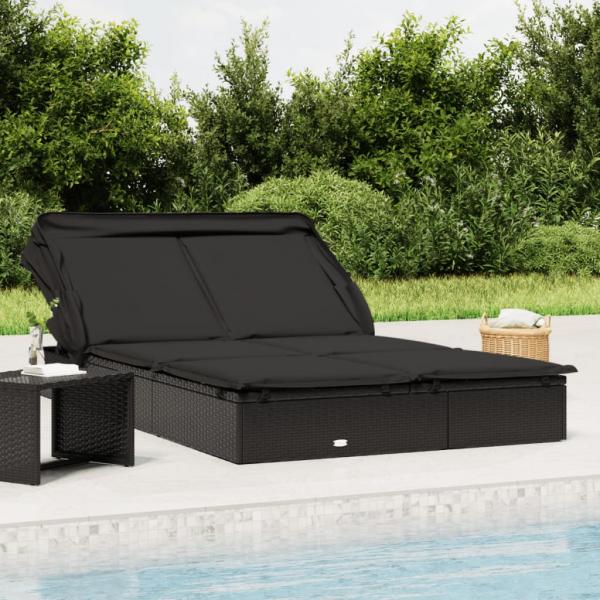 ARDEBO.de - 2-Personen-Sonnenliege mit Dach Schwarz 213x118x97 Poly Rattan
