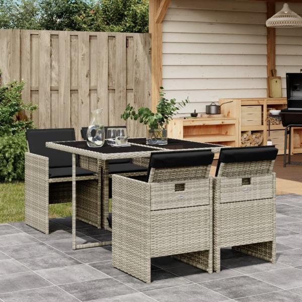 ARDEBO.de - 5-tlg. Garten-Essgruppe mit Kissen Hellgrau Poly Rattan