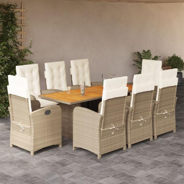 ARDEBO.de - 9-tlg. Garten-Essgruppe mit Kissen Beigemischung Poly Rattan