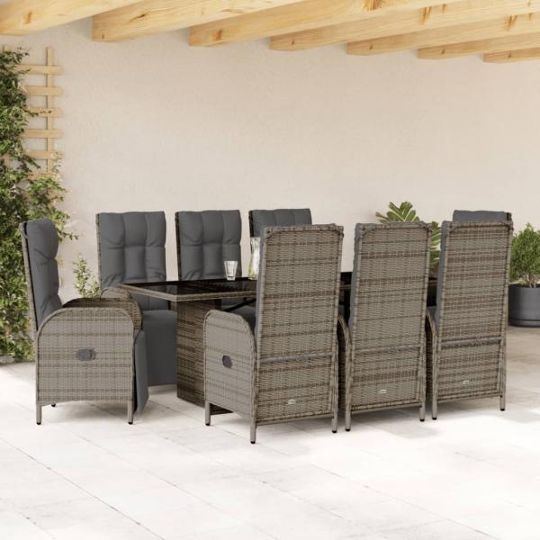 ARDEBO.de - 9-tlg. Garten-Essgruppe mit Kissen Grau Poly Rattan