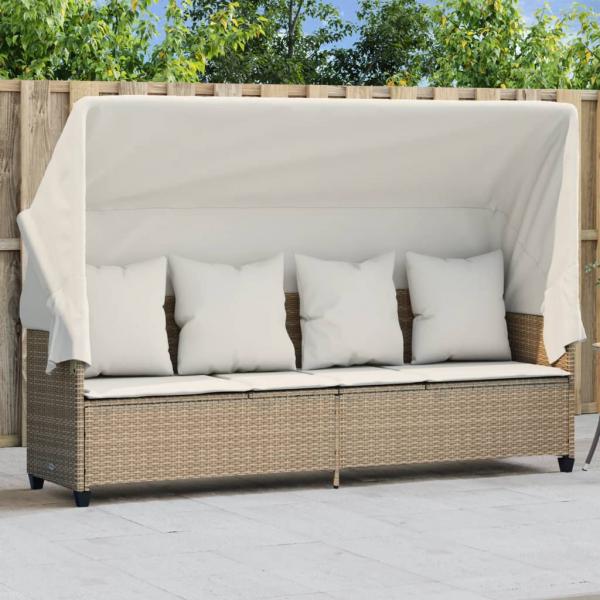 ARDEBO.de - Sonnenliege mit Dach und Kissen Beige Poly Rattan