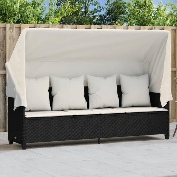 ARDEBO.de - Sonnenliege mit Dach und Kissen Schwarz Poly Rattan