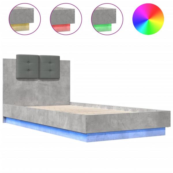 Bettgestell mit Kopfteil und LED-Leuchten Betongrau 90x190 cm