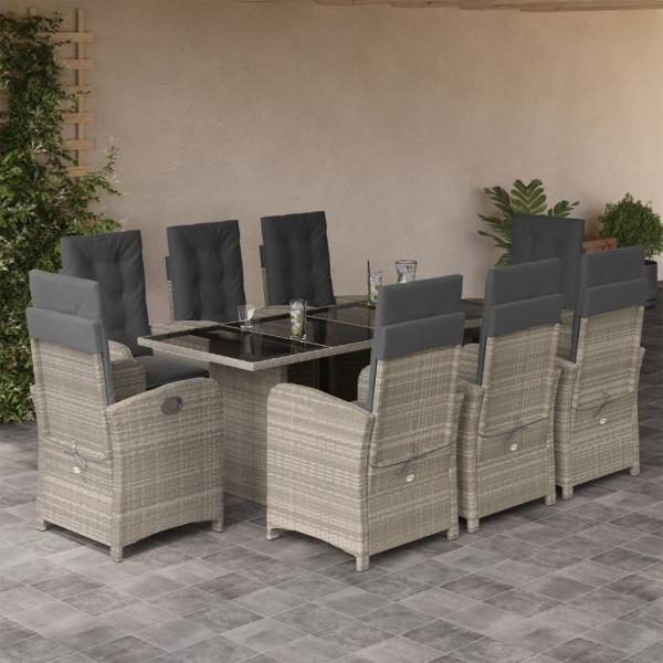 ARDEBO.de - 9-tlg. Garten-Essgruppe mit Kissen Hellgrau Poly Rattan
