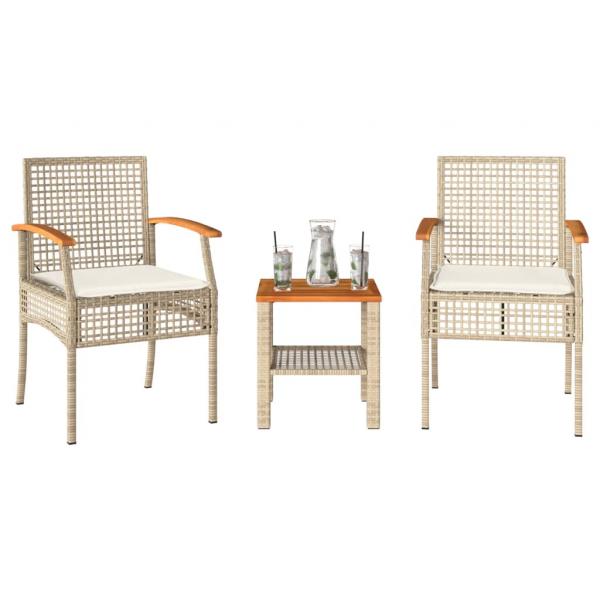 ARDEBO.de - 3-tlg. Bistro-Set mit Kissen Beige Poly Rattan Akazienholz